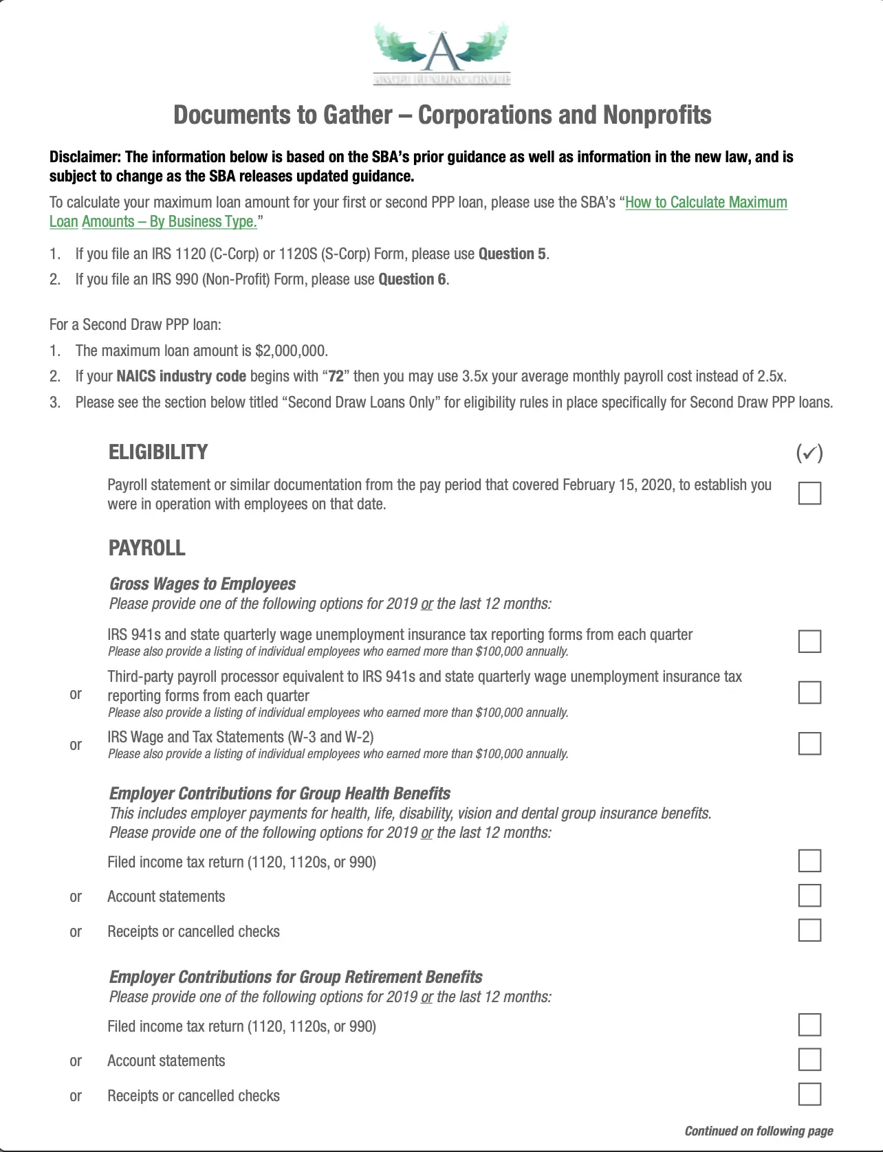 Corporations and Non-Profits Paycheck Protection Program Checklist Preview